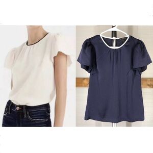 J. CREW Blue Satin Puffed Short Sleeve Top White‎ trim Sz 2